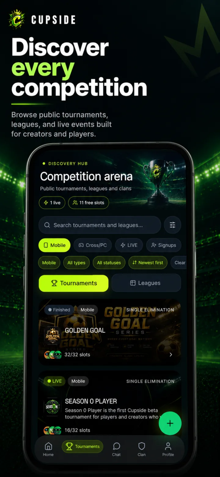 Cupside discovery hub: live tournaments and leagues