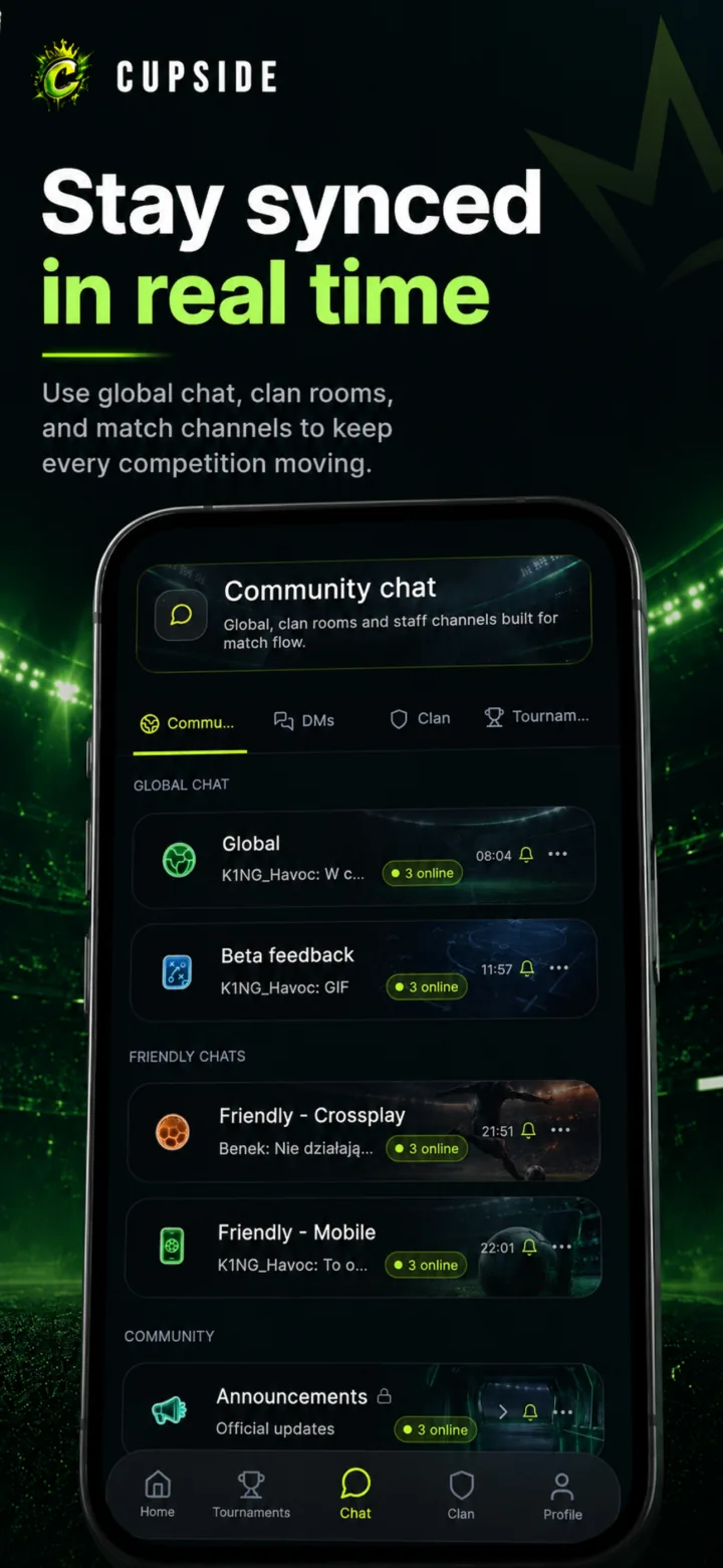 Cupside chat: global, clan, friendly and match channels